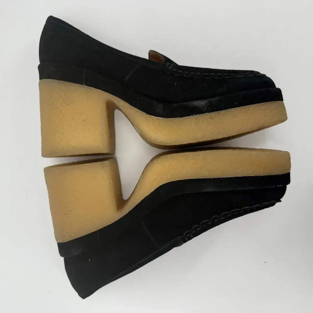 Marc Fisher Lina Shoes Size 9.5 Platform Loafer Black Suede Chunky Rubber Heel
